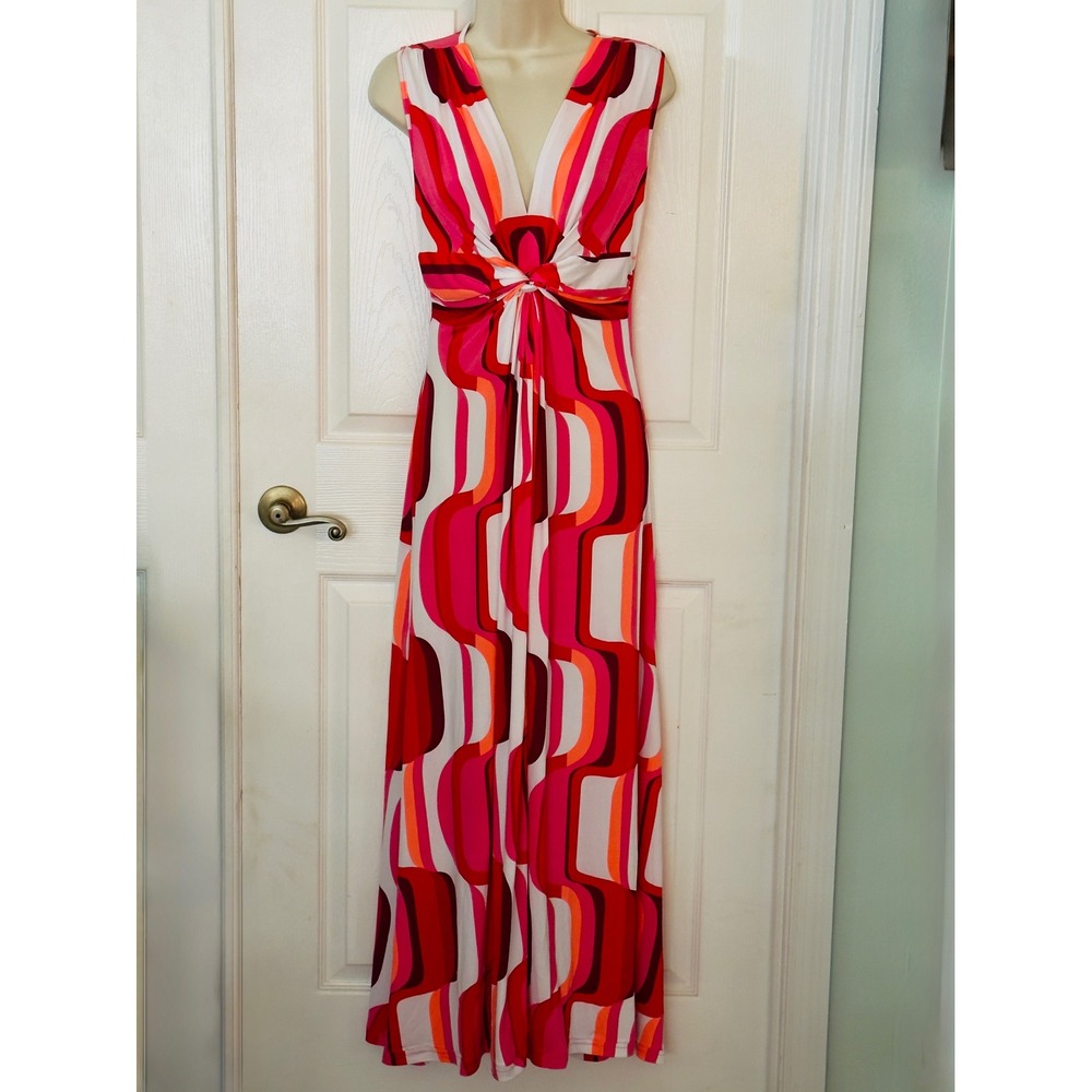 Lesley Evers Pink Red Geometric Print Twist Front V-Neck Maxi Dress Small
